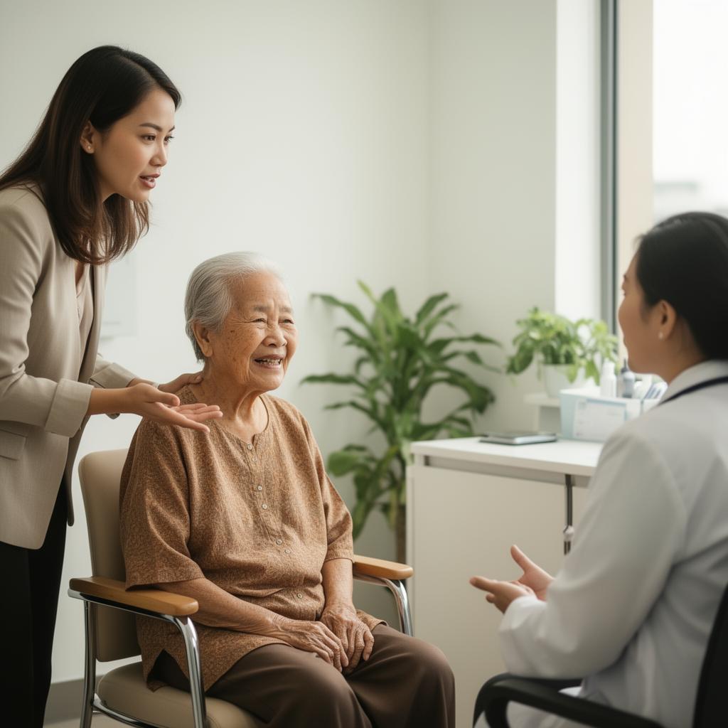 Elderly patient in a hospital room with an interpreter and doctor